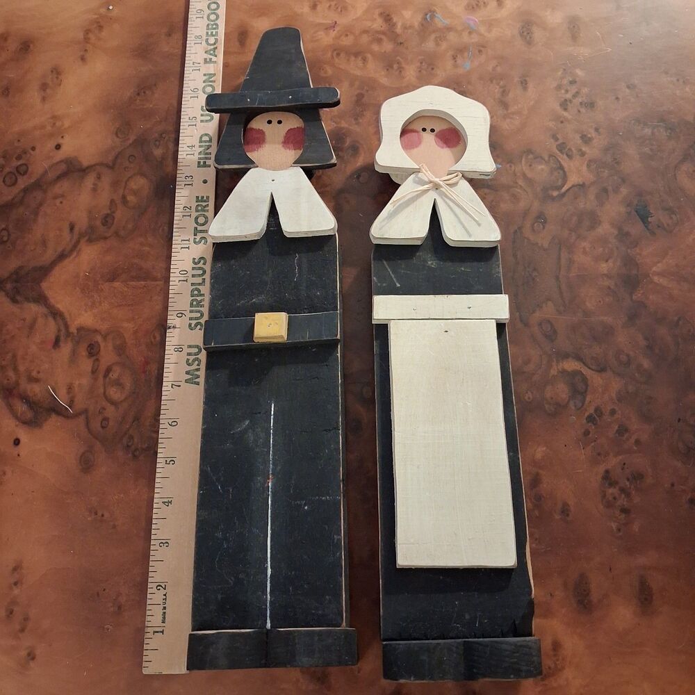 vintage pilgrim couple wooden statues thanksgiving fall decor folk art set 18in